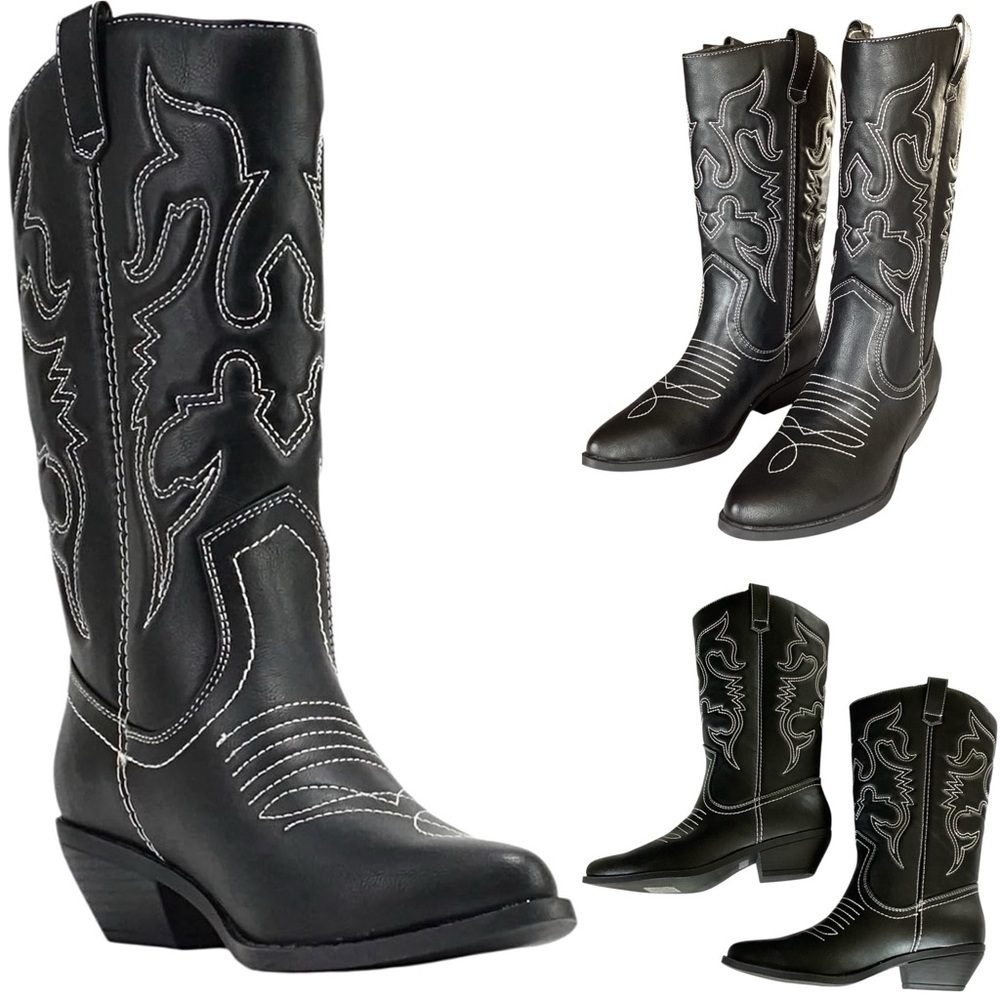 SODA Black Western Embroidered Cowboy Boots Pointed Toe Block Heel Sz 7 Like New